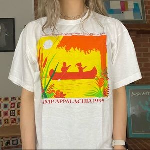 Vintage 1999 Camp Appalachia Sunset Single Stitch Oversized Short Hills …